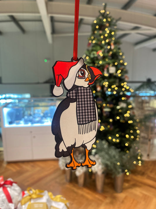 Northumbrian Tartan Puffin Wooden Decoration.